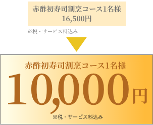 赤酢初寿司割烹コース1名様16500円を10,000円で1組様に！